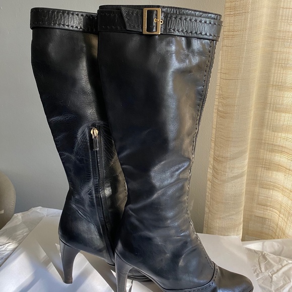 Louis Vuitton black leather zipper knee high boots heels 37.5 silver buckle 7.5 - Picture 2 of 15